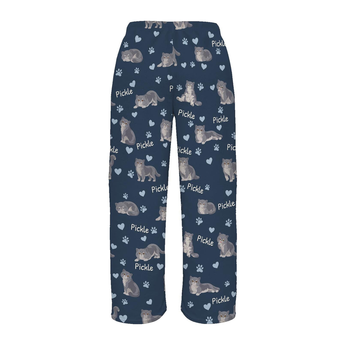 Exotic Shorthair personalized pet name fleece pajama trousers, flat back view.