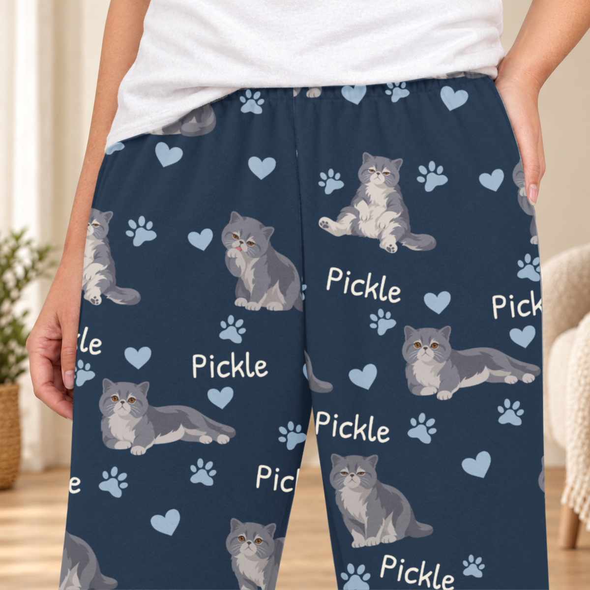 Exotic Shorthair personalized fleece pajama close-up showing breed artwork and example pet name