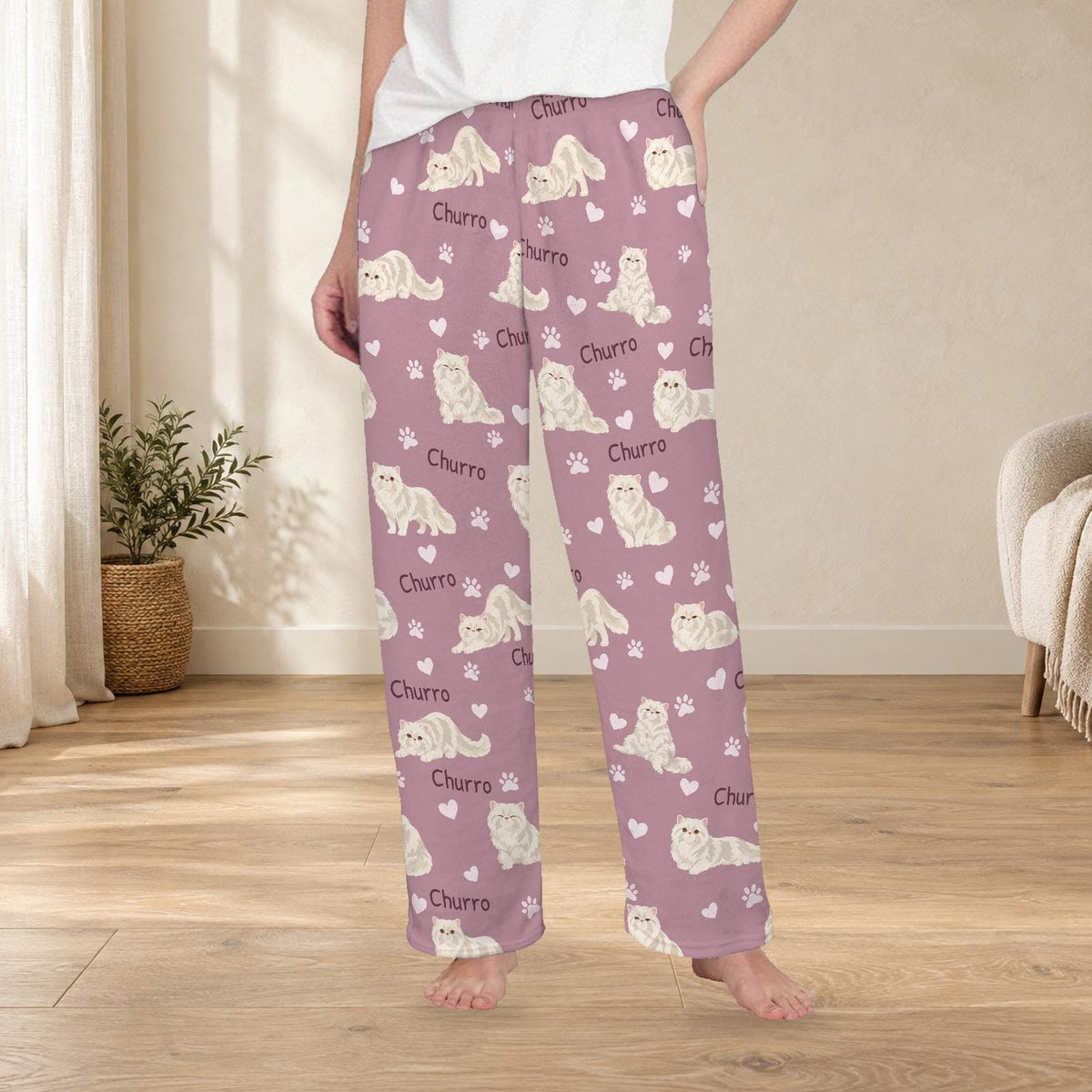 Persian personalized fleece pajama trousers on a model; women's fit, front view. Cozy neutral room background.