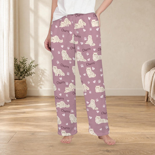 Persian personalized fleece pajama trousers on a model; women's fit, front view. Cozy neutral room background.