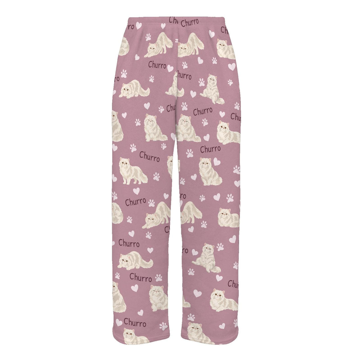 Persian personalized pet name fleece pajama trousers, flat front view.