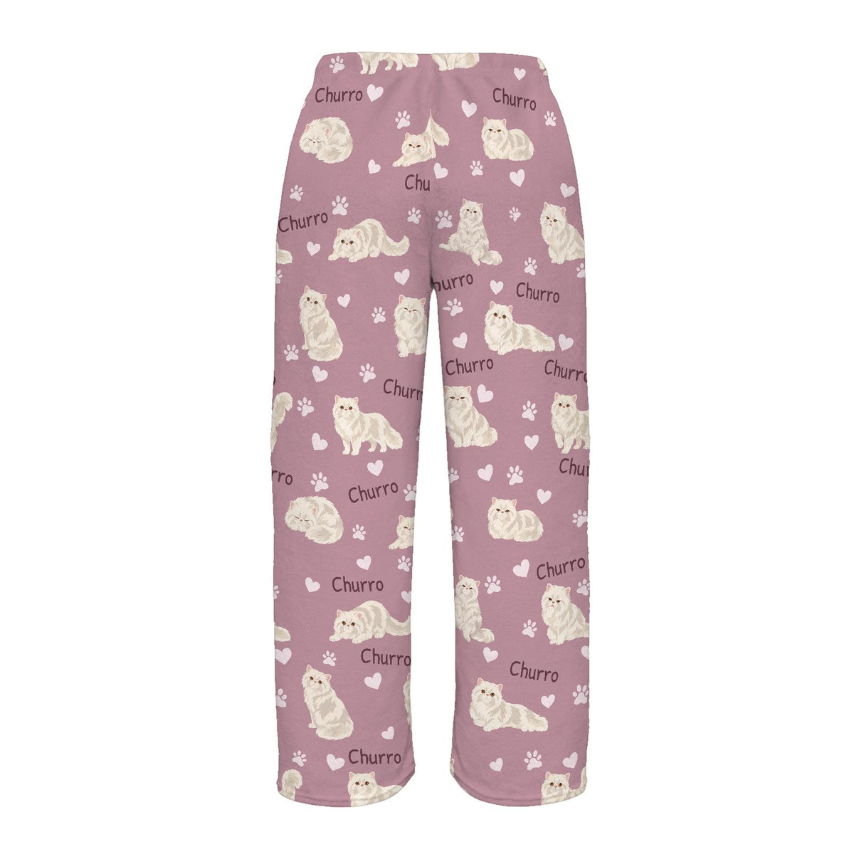 Persian personalized pet name fleece pajama trousers, flat back view.