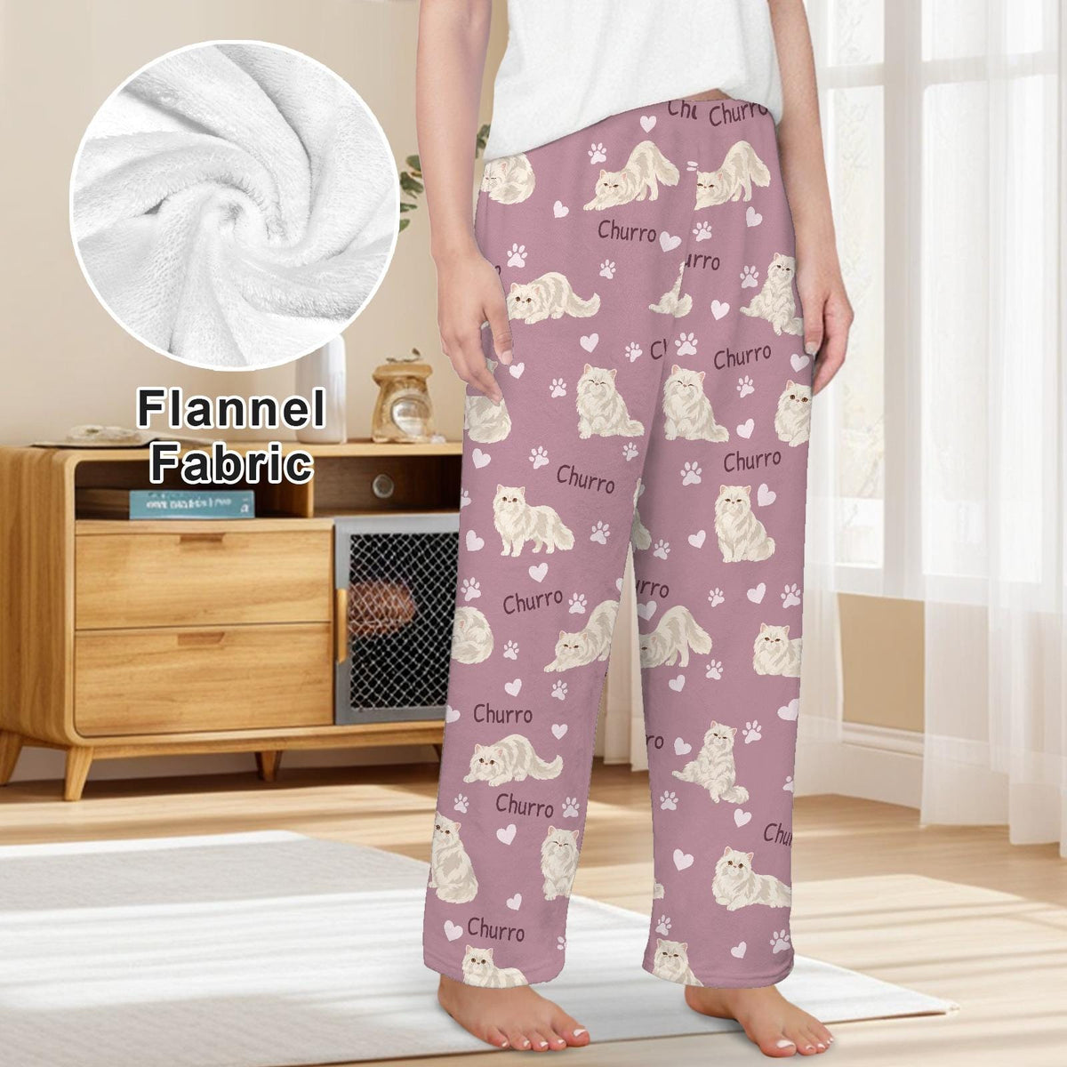 Persian personalized pet name fleece pajama trousers, front lifestyle view.