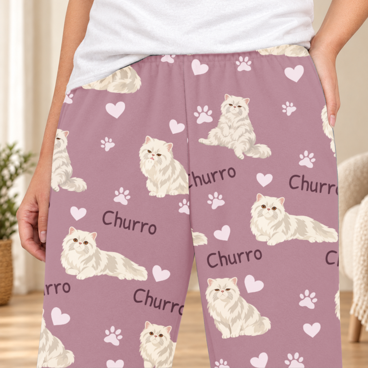Persian personalized fleece pajama close-up showing breed artwork and example pet name