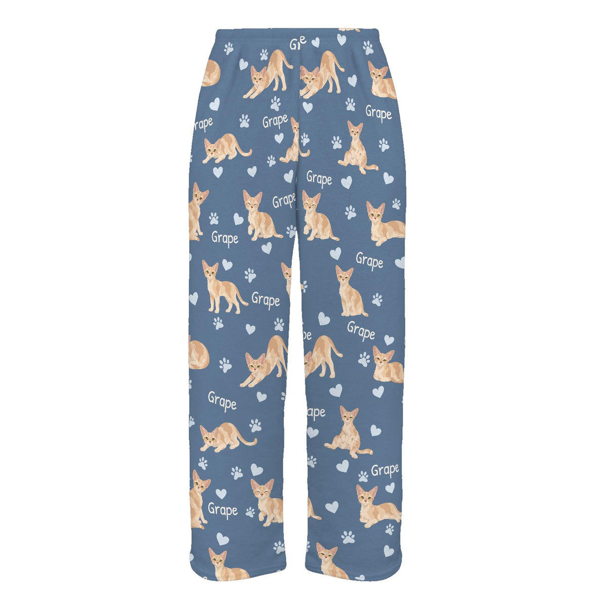 Devon Rex personalized pet name fleece pajama trousers, flat front view.