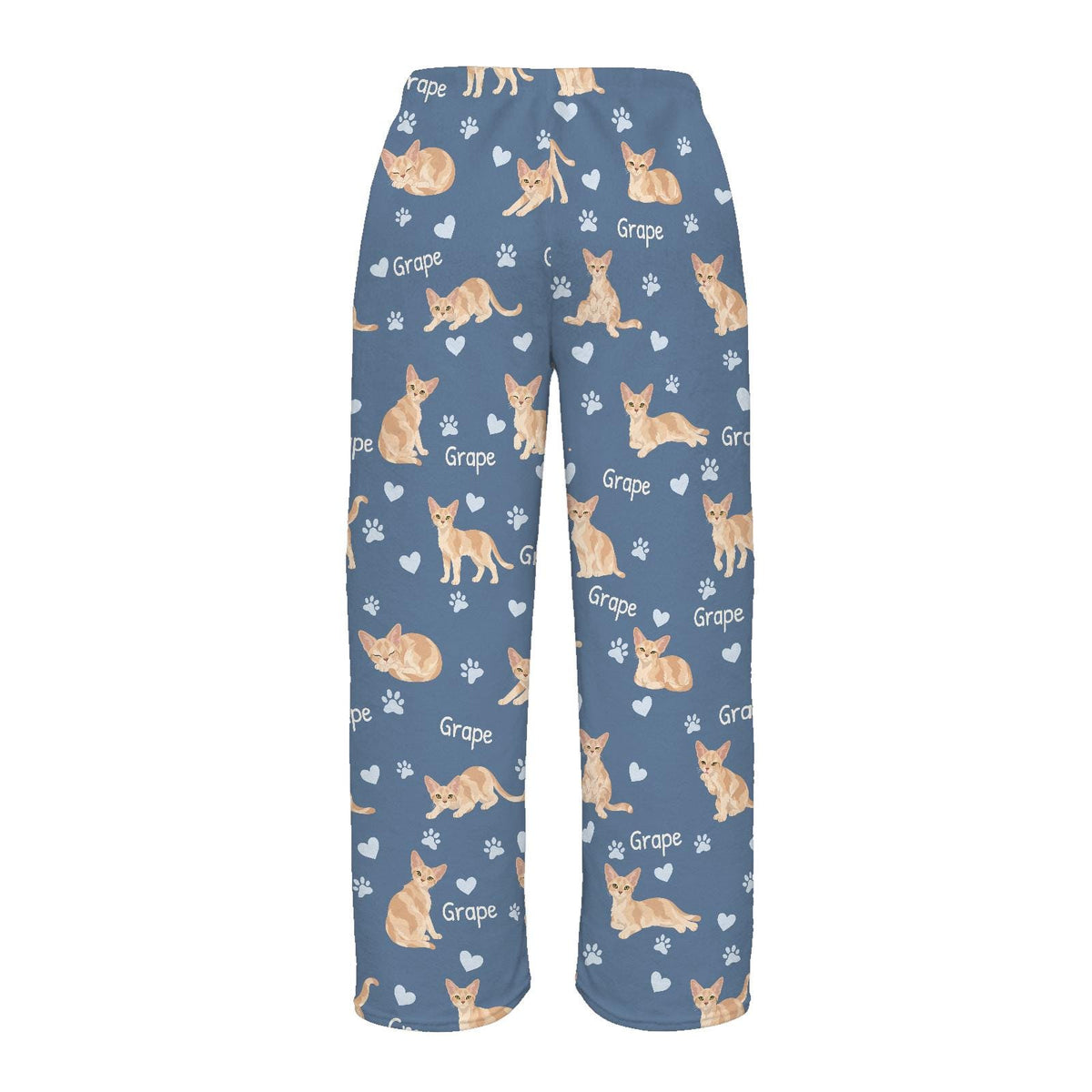 Devon Rex personalized pet name fleece pajama trousers, flat back view.