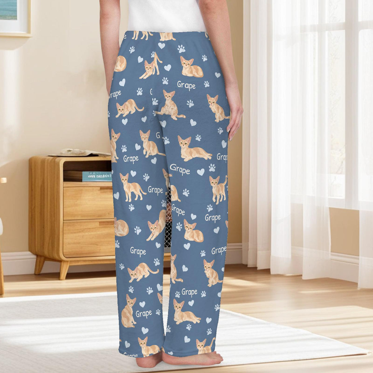 Devon Rex personalized pet name fleece pajama trousers, back lifestyle view.