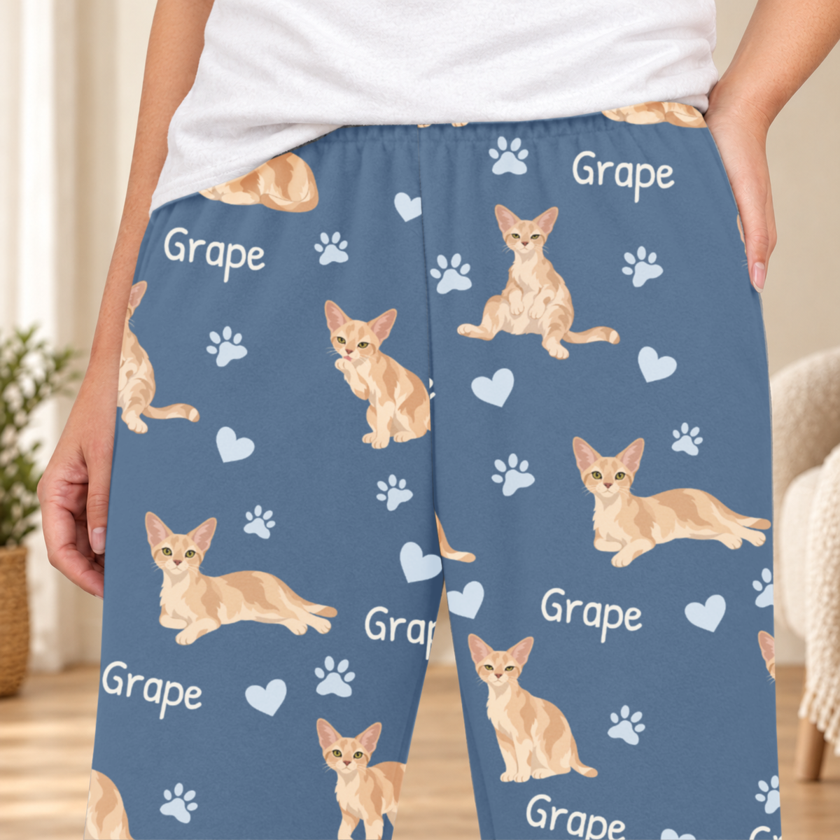 Devon Rex personalized fleece pajama close-up showing breed artwork and example pet name