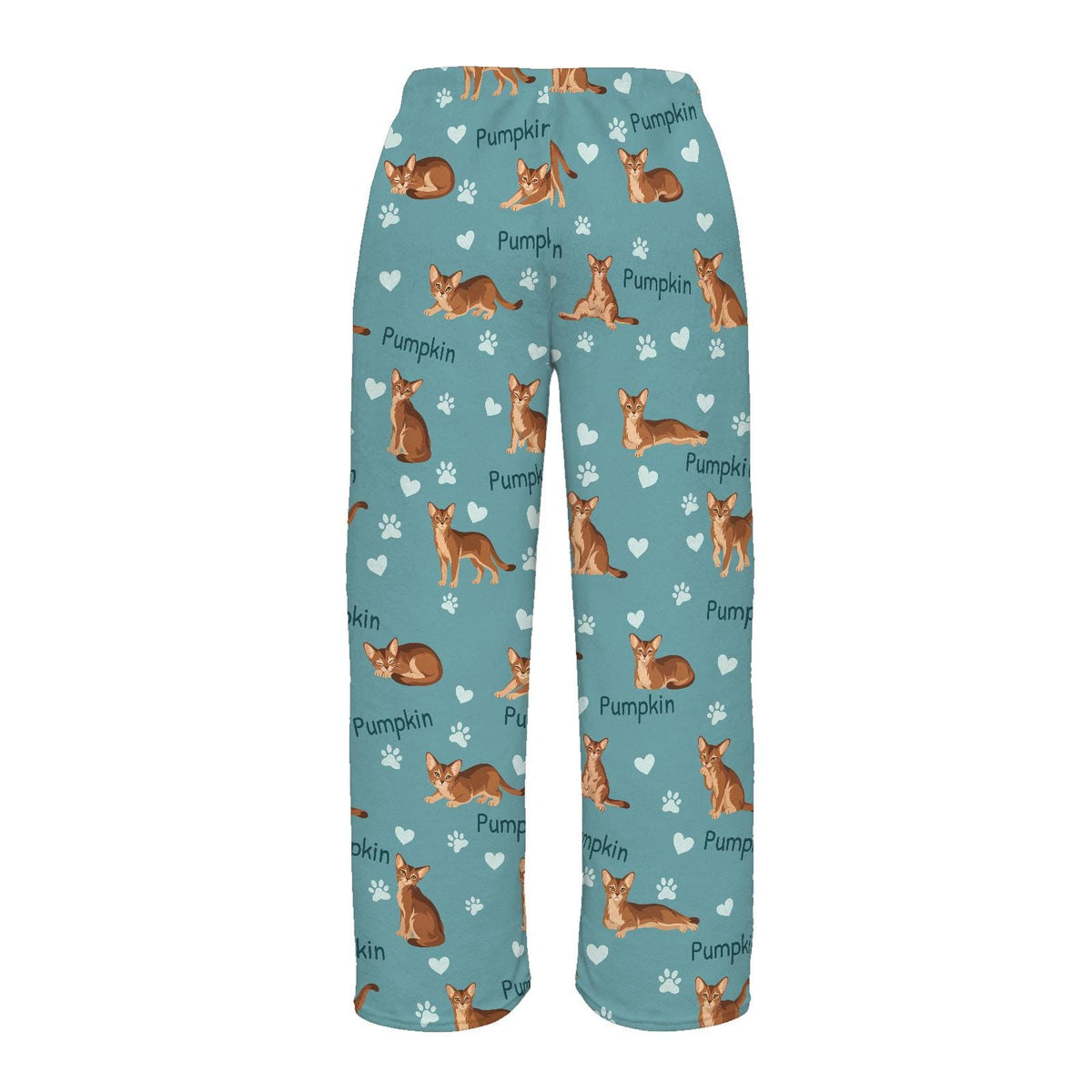 Abyssinian personalized pet name fleece pajama trousers, flat back view.