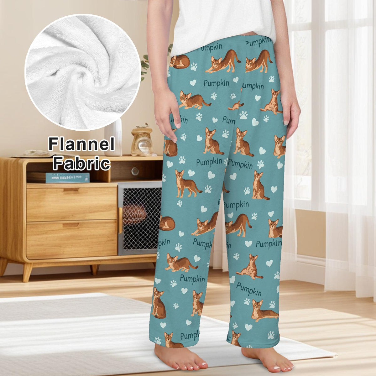 Abyssinian personalized pet name fleece pajama trousers, front lifestyle view.