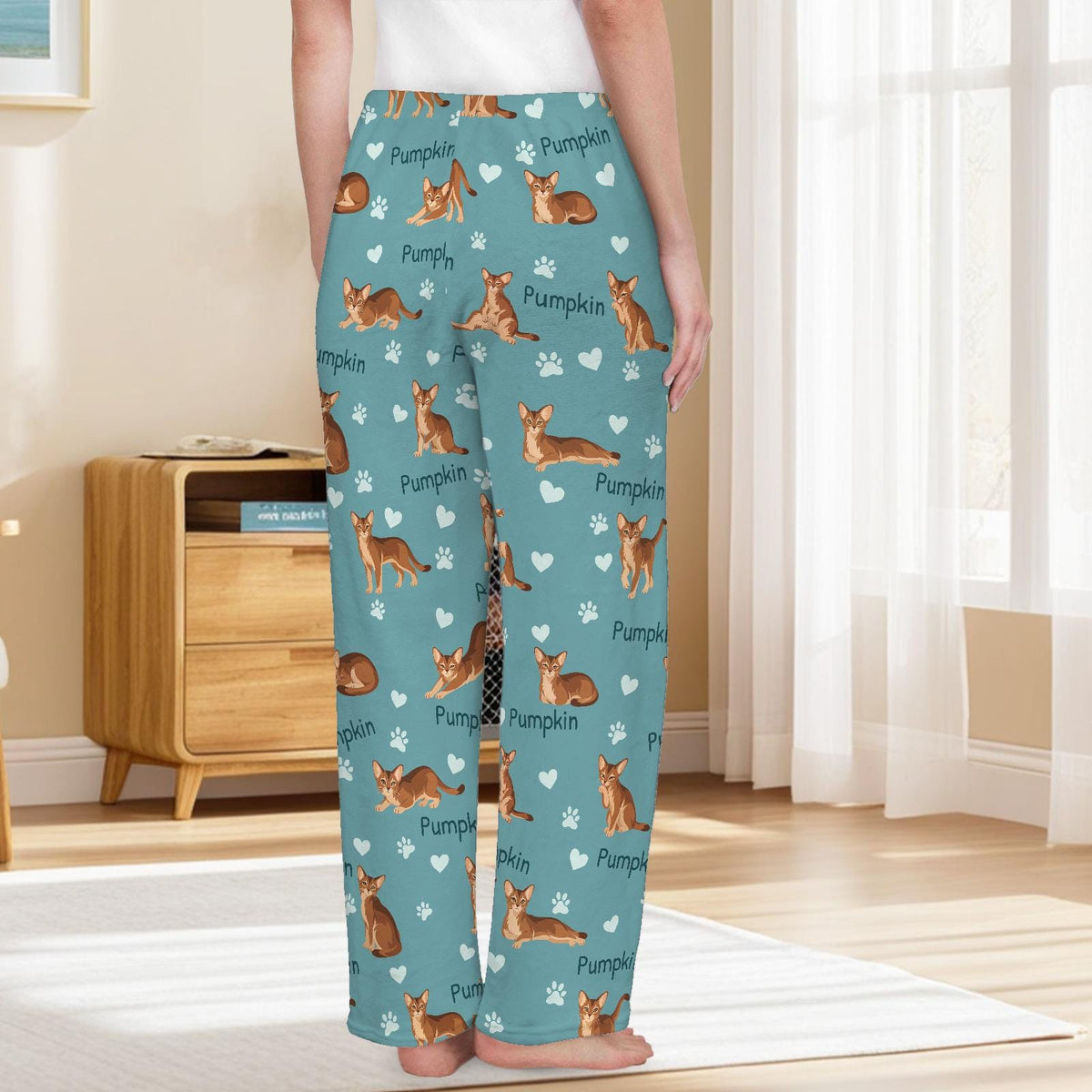 Abyssinian personalized pet name fleece pajama trousers, back lifestyle view.