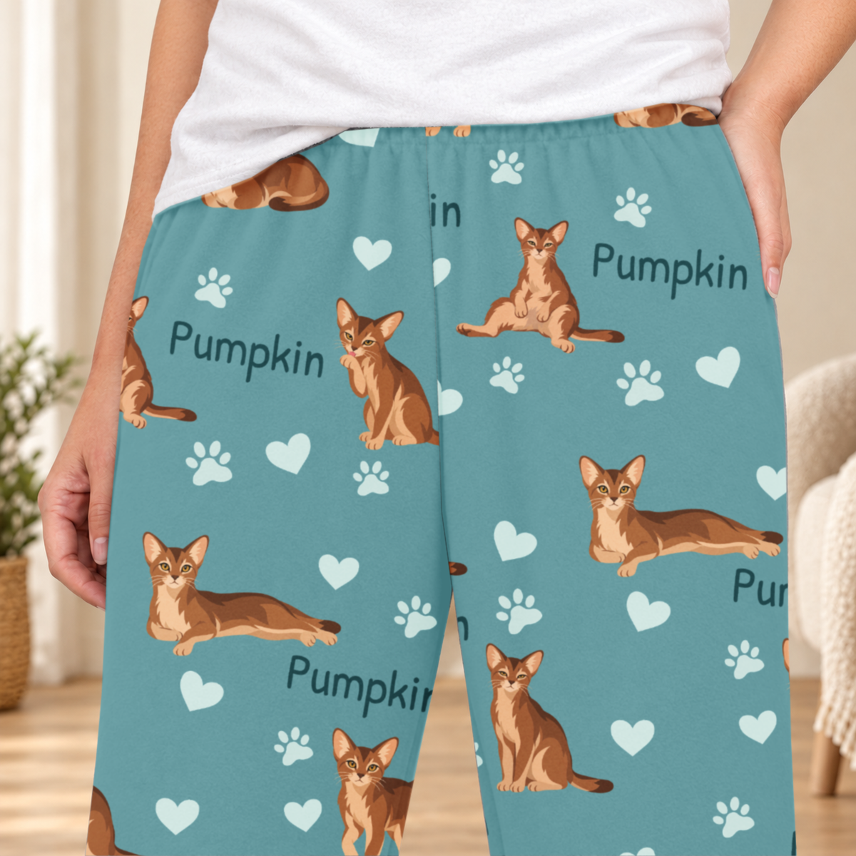 Abyssinian personalized fleece pajama close-up showing breed artwork and example pet name