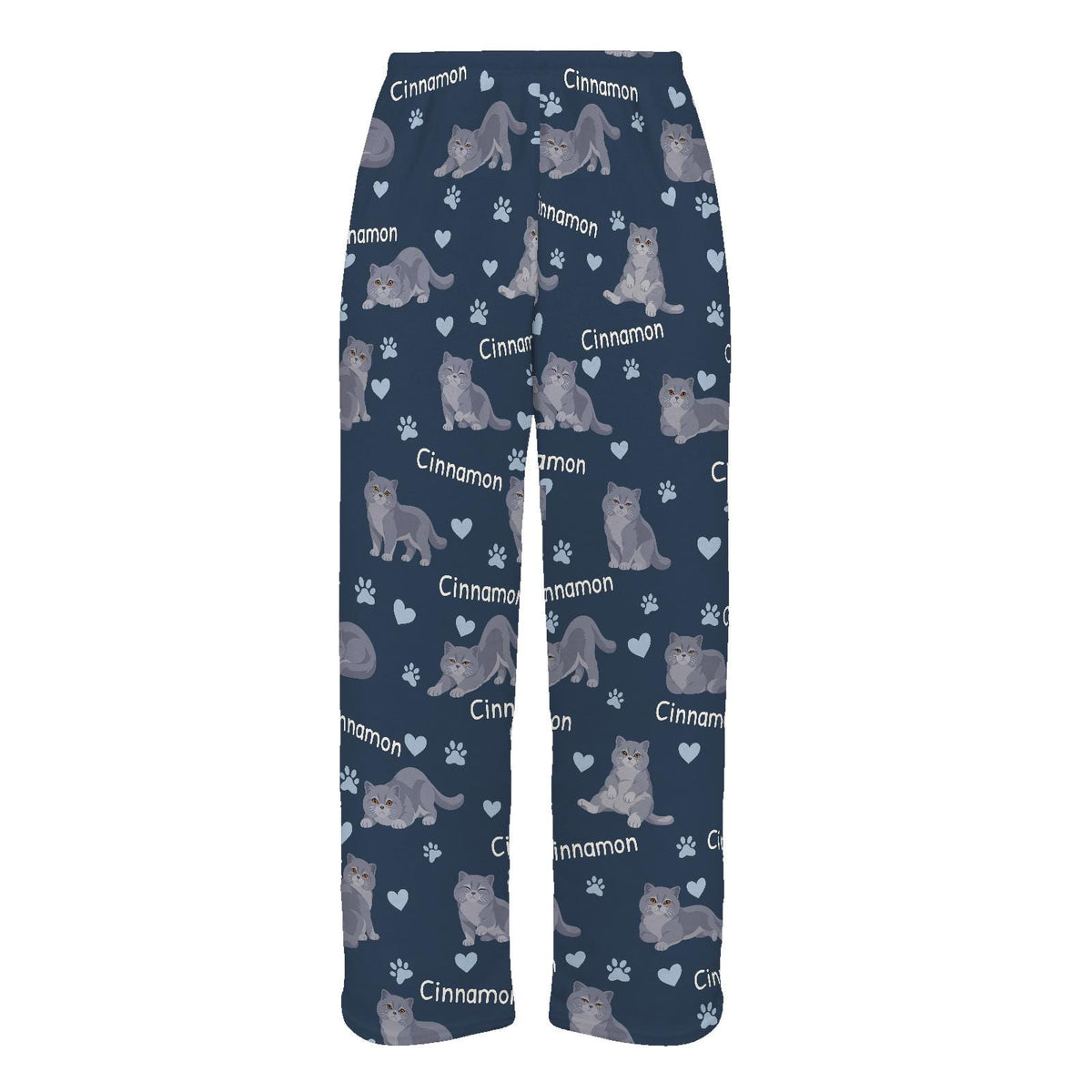 British Shorthair personalized pet name fleece pajama trousers, flat front view.