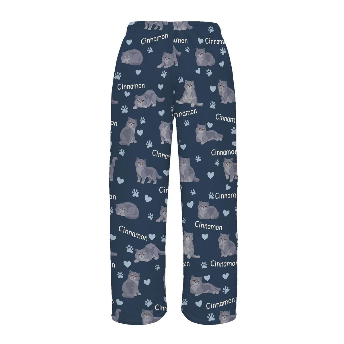 British Shorthair personalized pet name fleece pajama trousers, flat back view.