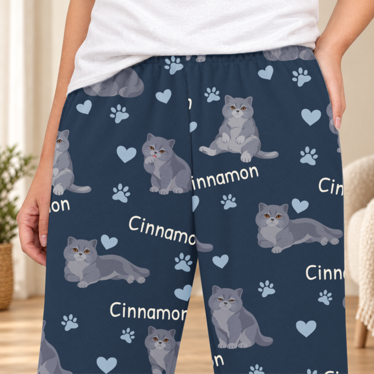 British Shorthair personalized fleece pajama close-up showing breed artwork and example pet name