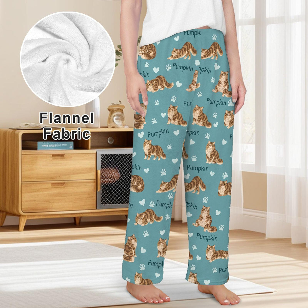 Siberian personalized pet name fleece pajama trousers, front lifestyle view.