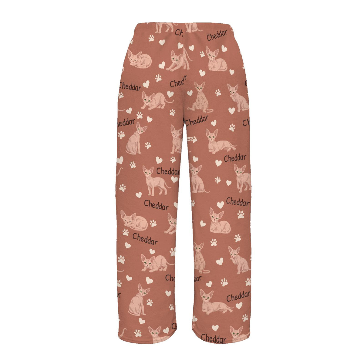 Sphynx personalized pet name fleece pajama trousers, flat back view.