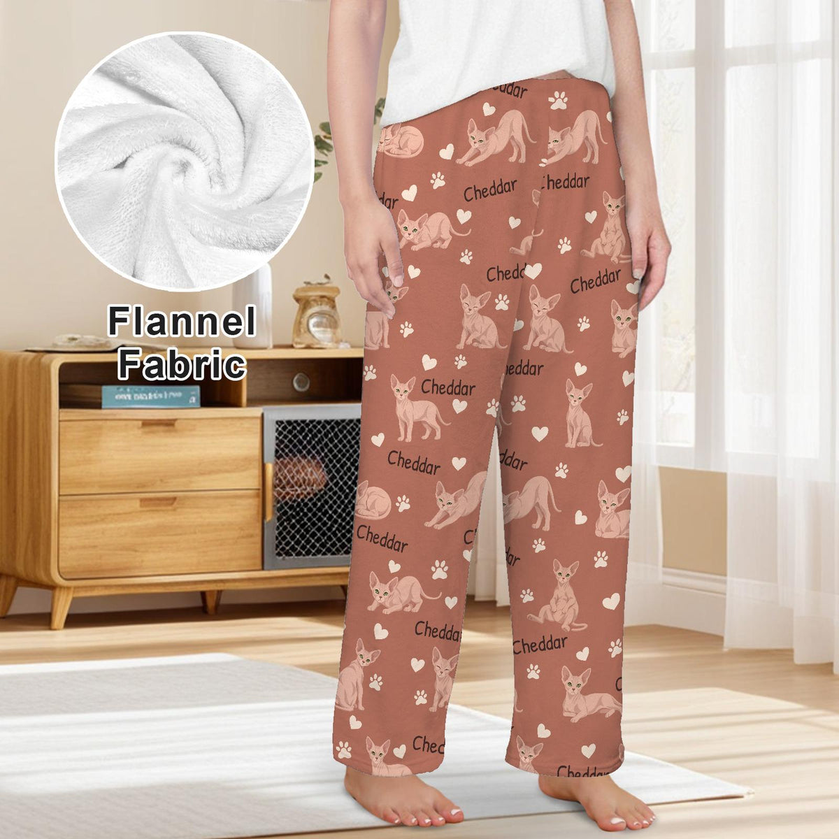Sphynx personalized pet name fleece pajama trousers, front lifestyle view.