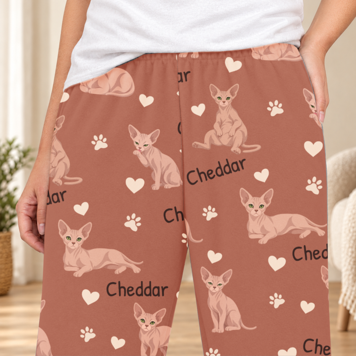 Sphynx personalized fleece pajama close-up showing breed artwork and example pet name
