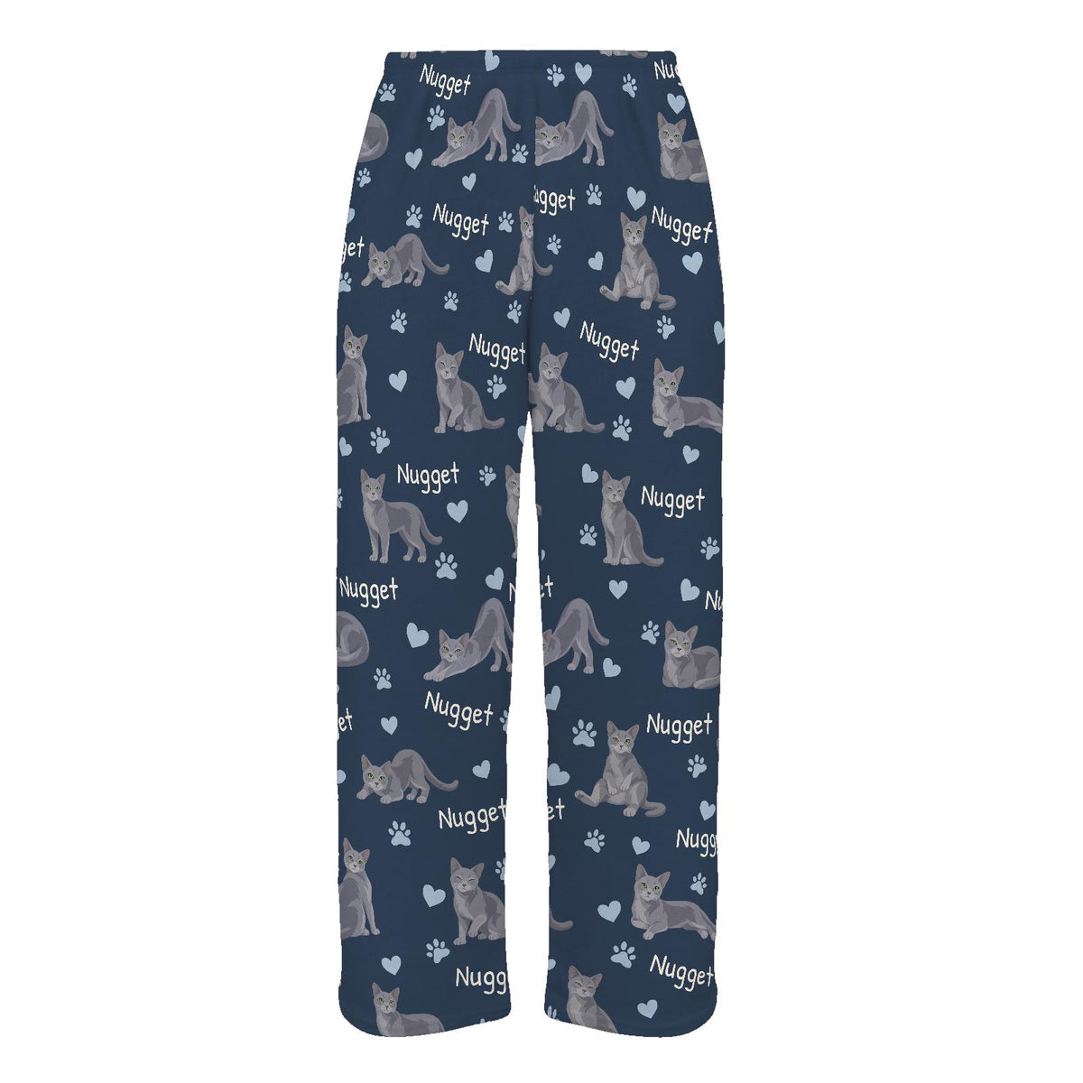 Russian Blue personalized pet name fleece pajama trousers, flat front view.