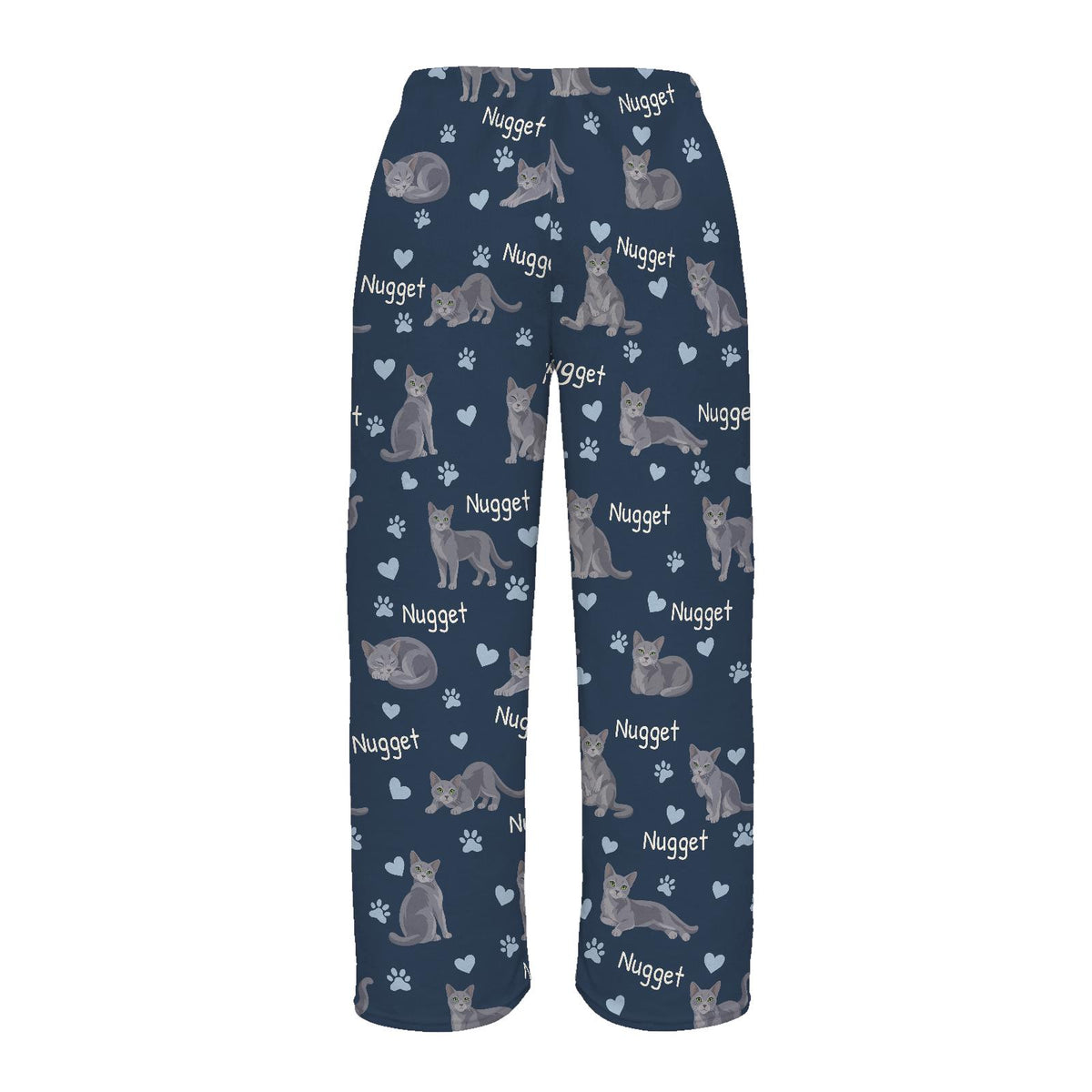 Russian Blue personalized pet name fleece pajama trousers, flat back view.