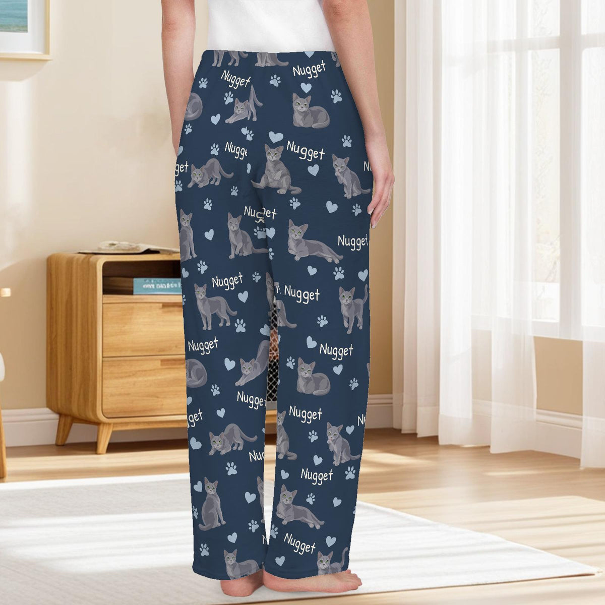 Russian Blue personalized pet name fleece pajama trousers, back lifestyle view.