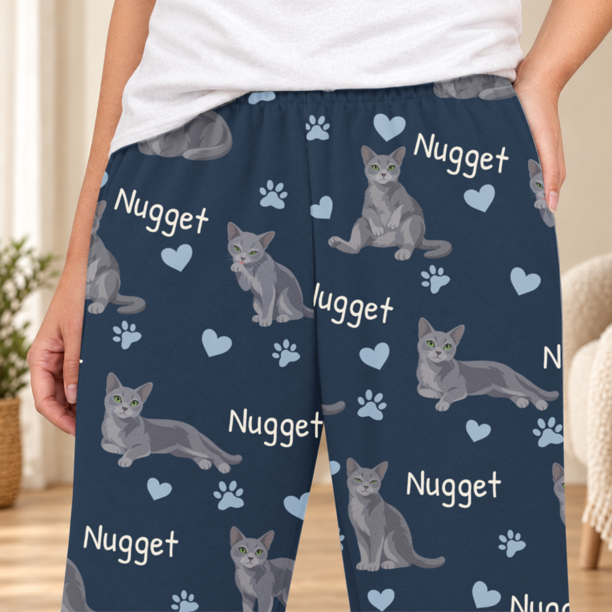 Russian Blue personalized fleece pajama close-up showing breed artwork and example pet name