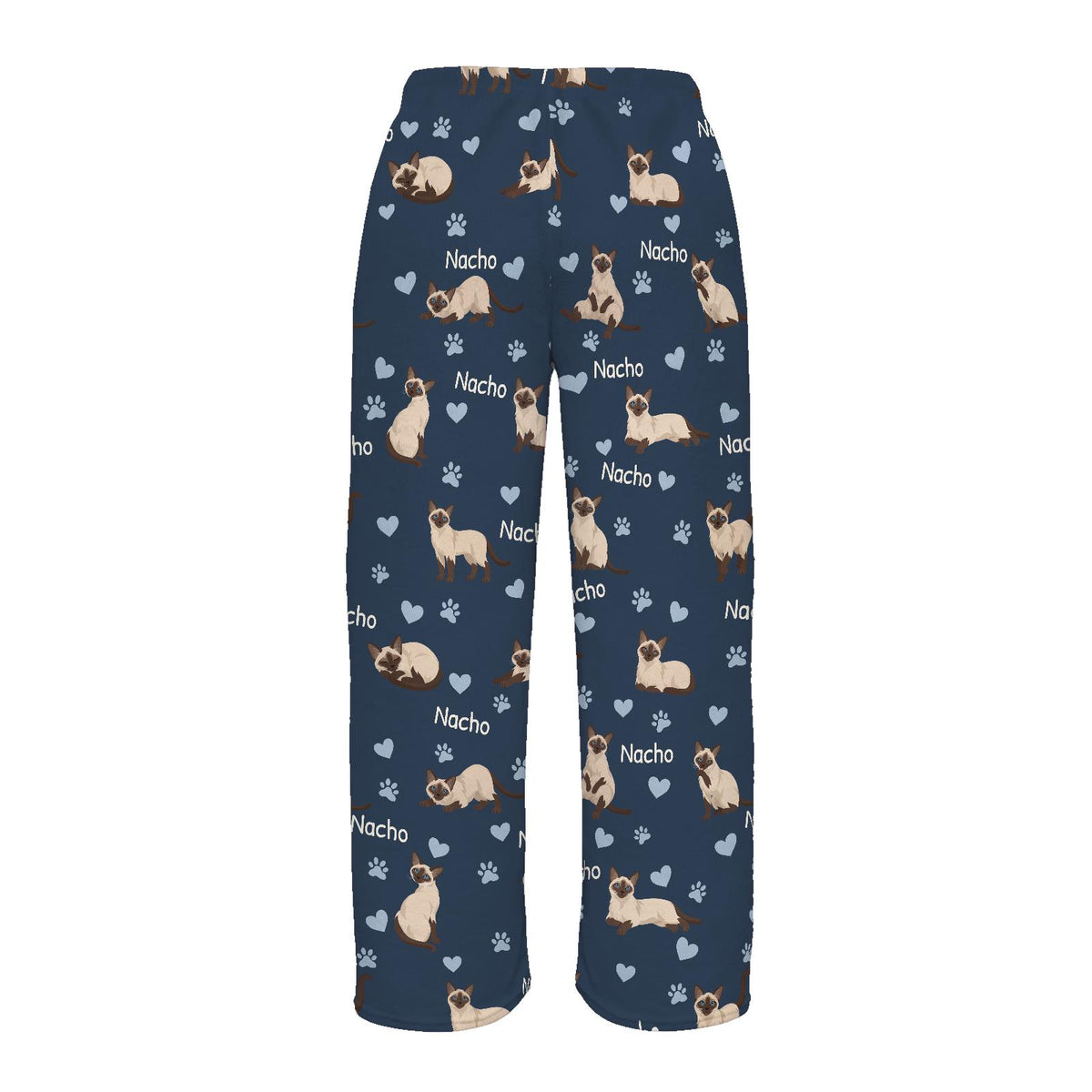 Siamese personalized pet name fleece pajama trousers, flat back view.
