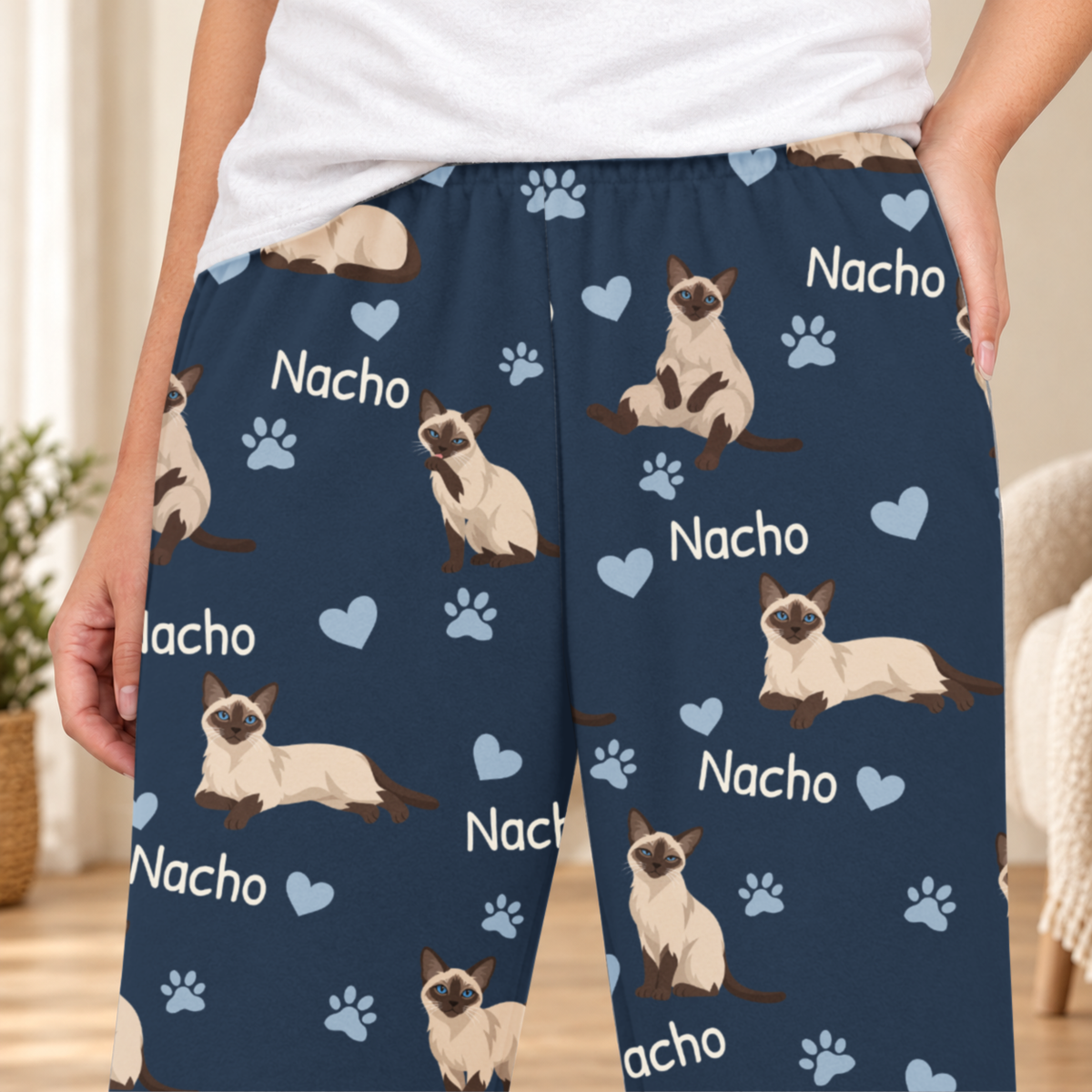 Siamese personalized fleece pajama close-up showing breed artwork and example pet name