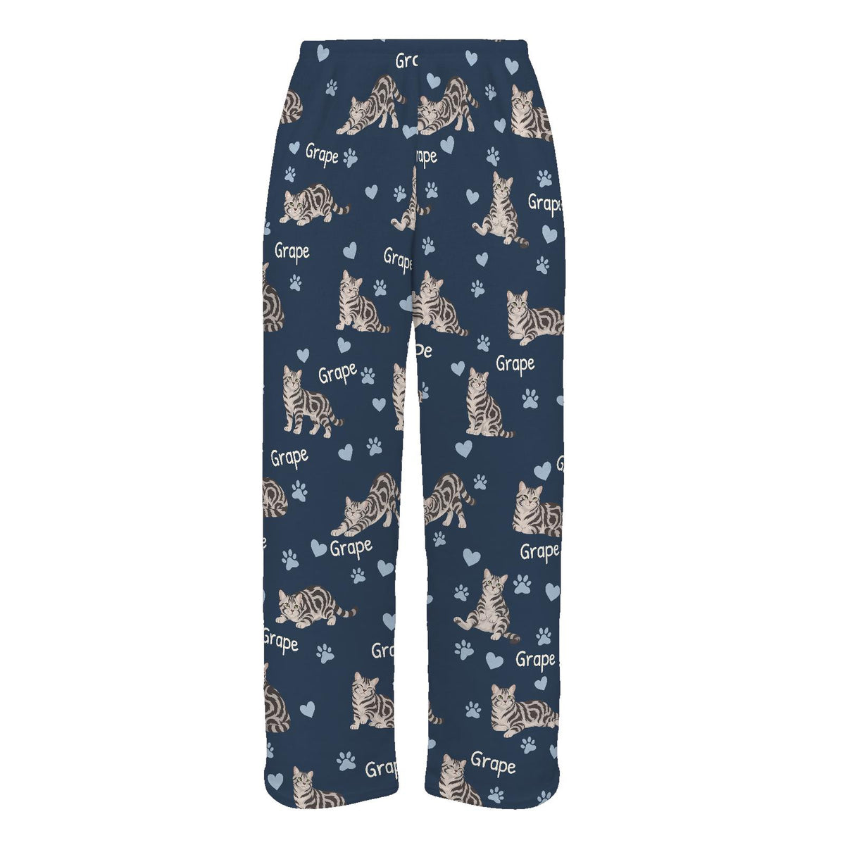 American Shorthair personalized pet name fleece pajama trousers, flat front view.