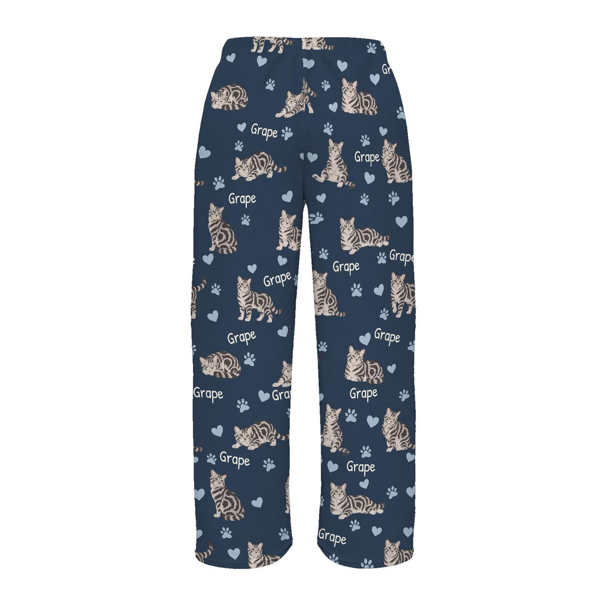 American Shorthair personalized pet name fleece pajama trousers, flat back view.