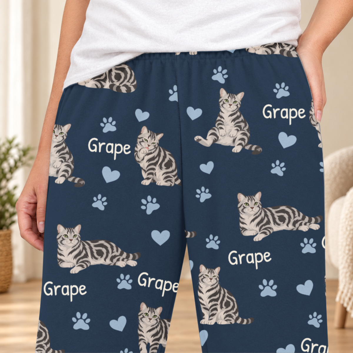 American Shorthair personalized fleece pajama close-up showing breed artwork and example pet name