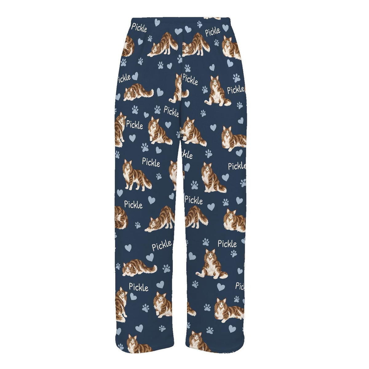 Norwegian Forest Cat personalized pet name fleece pajama trousers, flat front view.