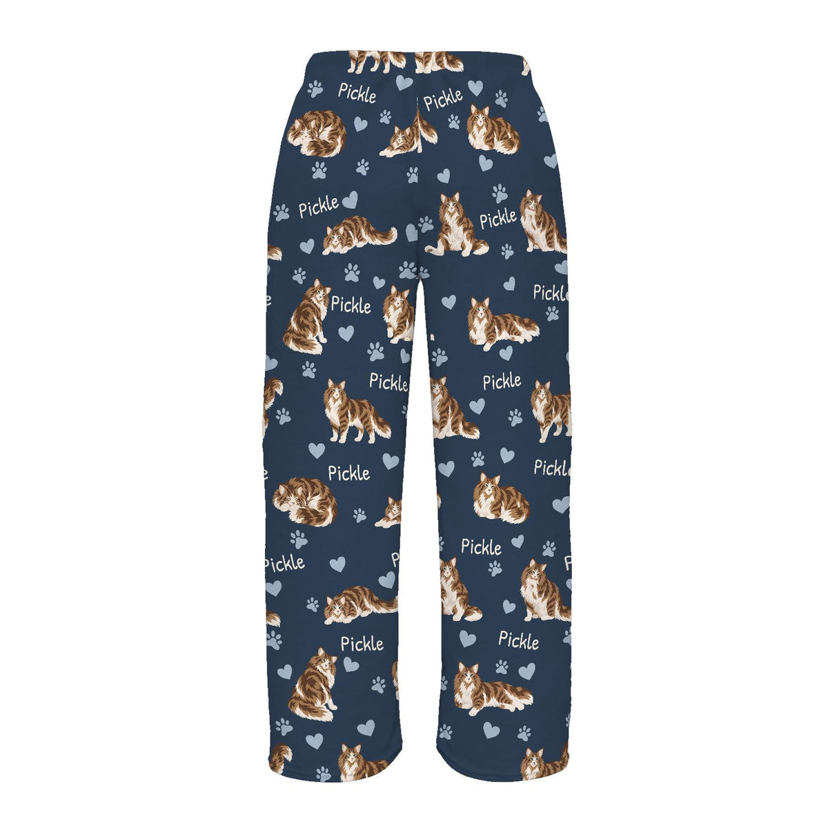 Norwegian Forest Cat personalized pet name fleece pajama trousers, flat back view.