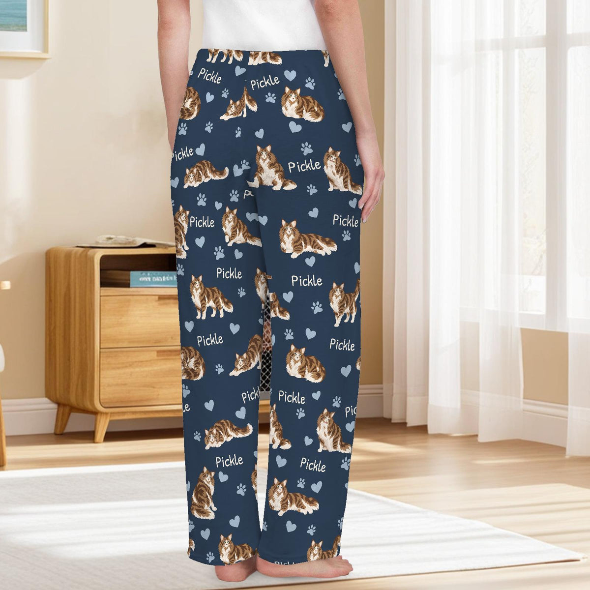 Norwegian Forest Cat personalized pet name fleece pajama trousers, back lifestyle view.