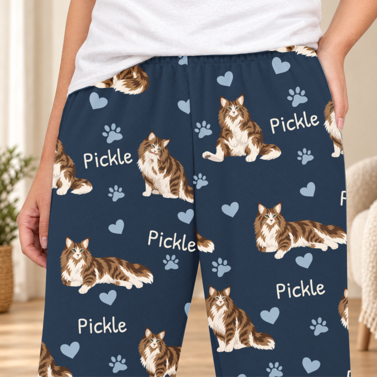 Norwegian Forest Cat personalized fleece pajama close-up showing breed artwork and example pet name