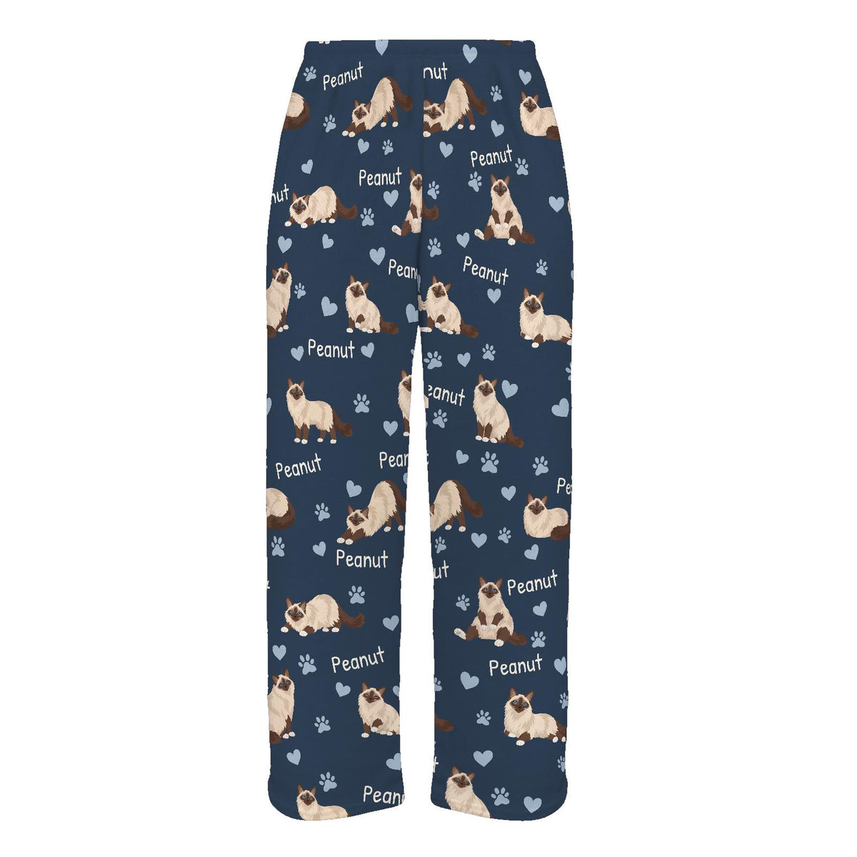 Birman personalized pet name fleece pajama trousers, flat front view.