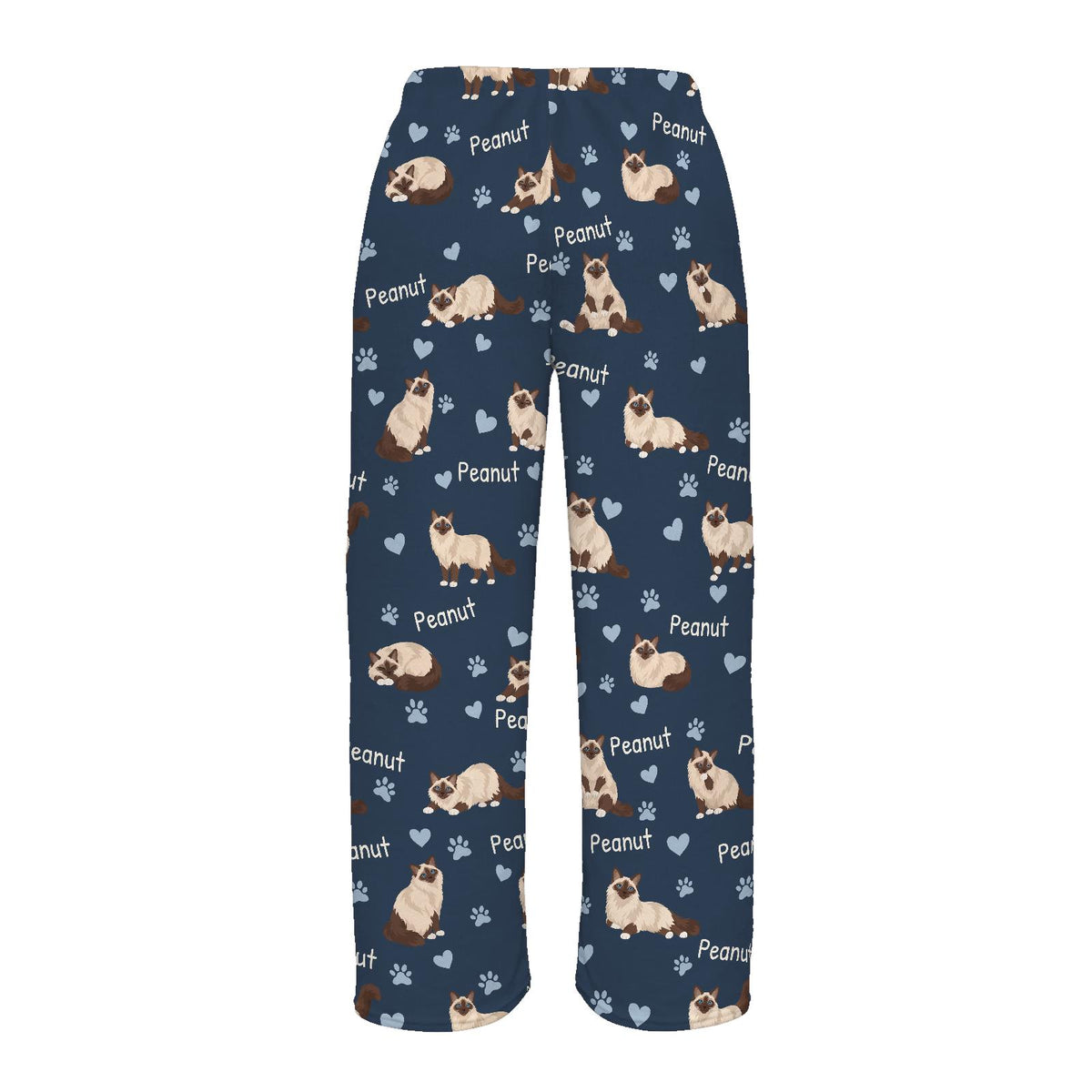 Birman personalized pet name fleece pajama trousers, flat back view.