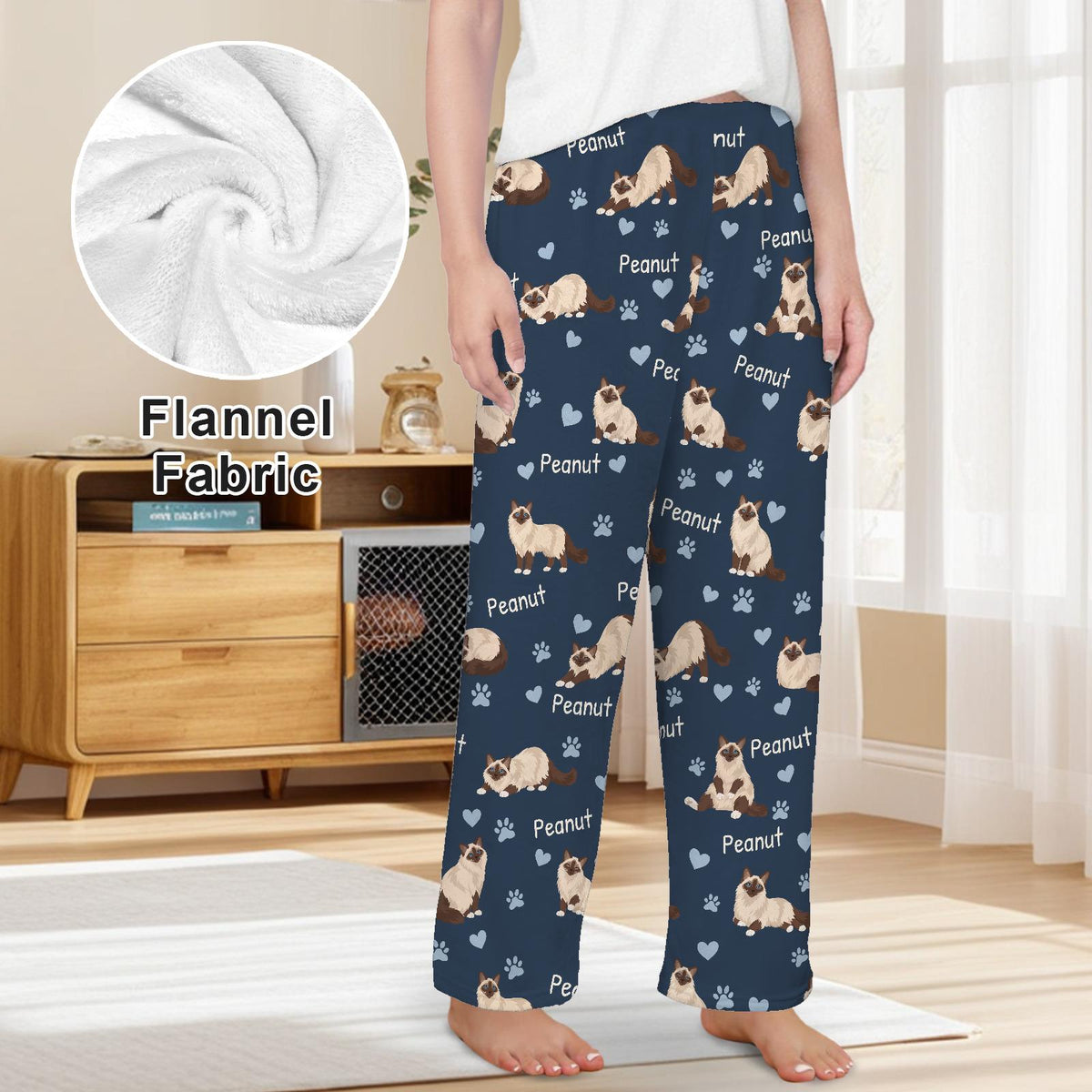 Birman personalized pet name fleece pajama trousers, front lifestyle view.