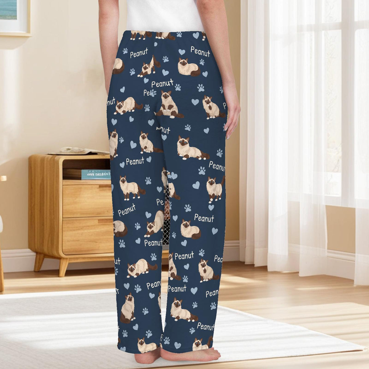 Birman personalized pet name fleece pajama trousers, back lifestyle view.