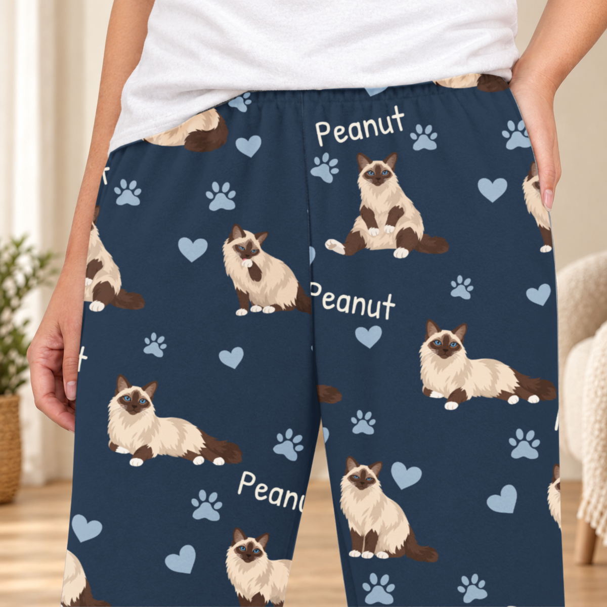 Birman personalized fleece pajama close-up showing breed artwork and example pet name