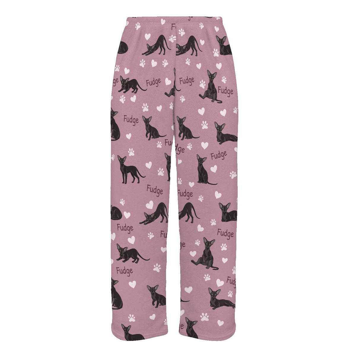 Oriental personalized pet name fleece pajama trousers, flat front view.