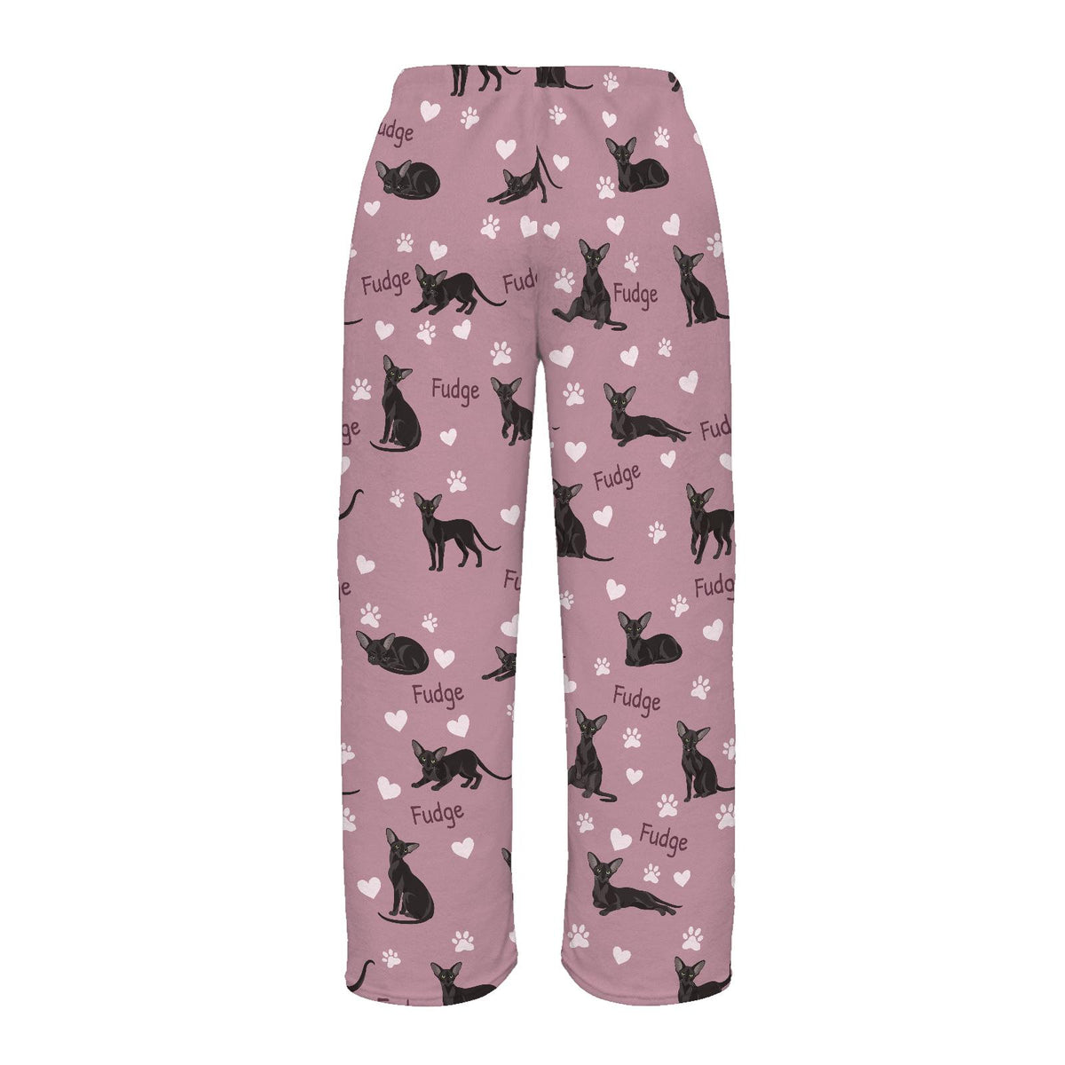 Oriental personalized pet name fleece pajama trousers, flat back view.