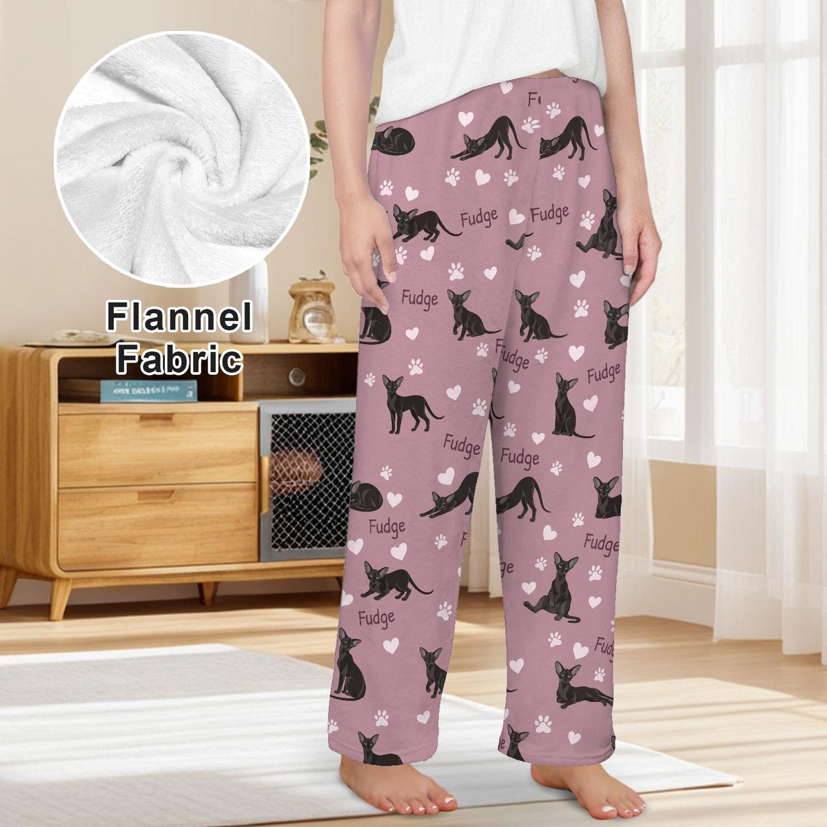 Oriental personalized pet name fleece pajama trousers, front lifestyle view.