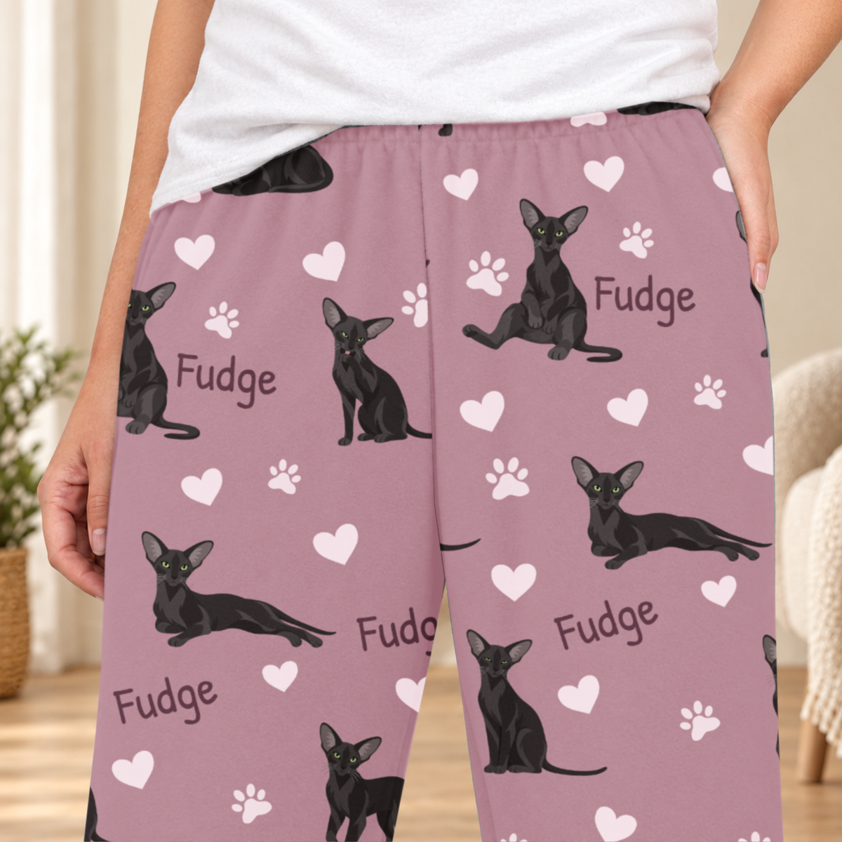 Oriental personalized fleece pajama close-up showing breed artwork and example pet name