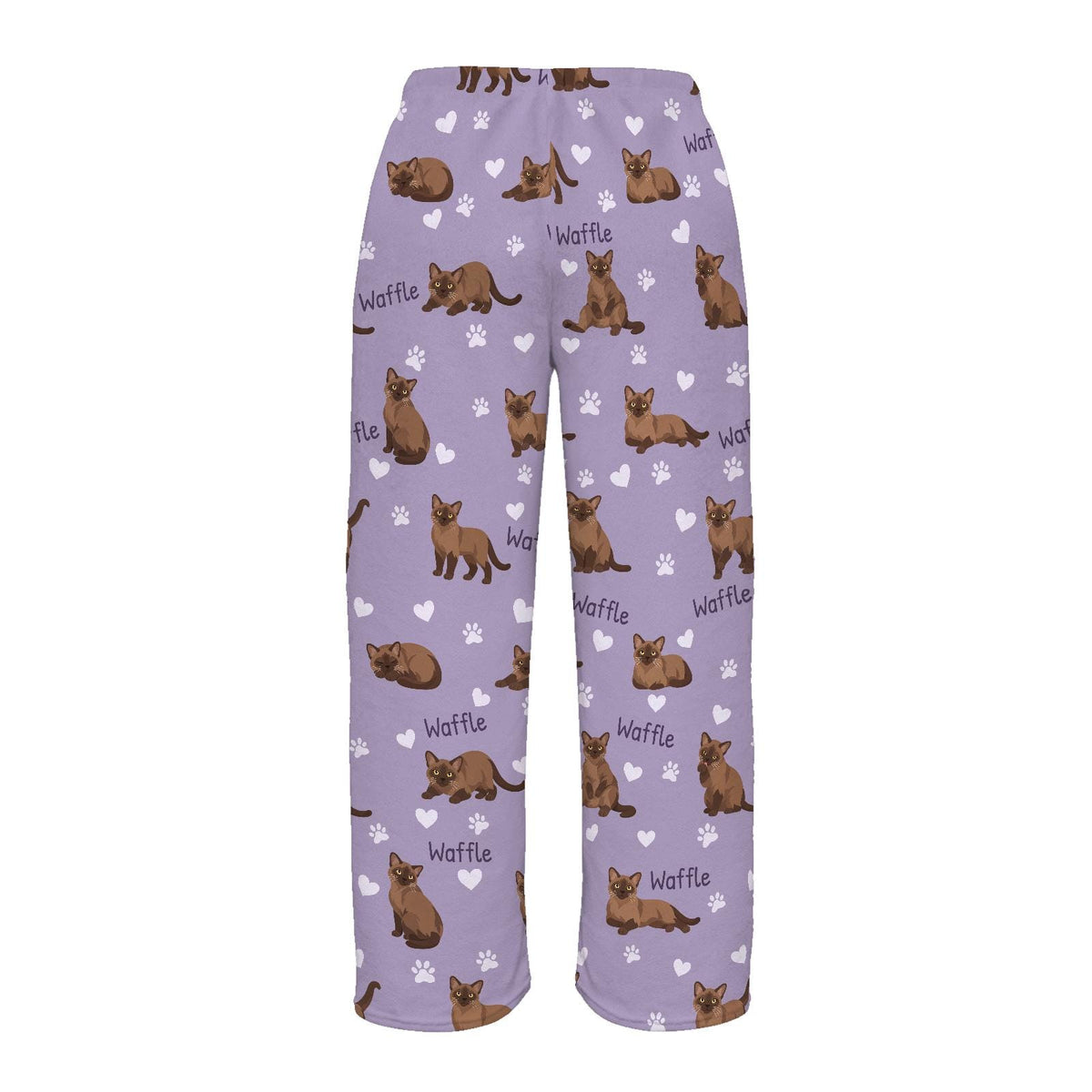 Burmese personalized pet name fleece pajama trousers, flat back view.