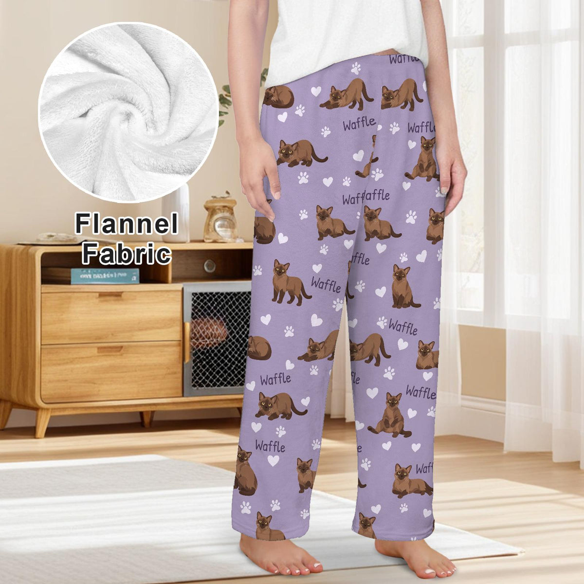 Burmese personalized pet name fleece pajama trousers, front lifestyle view.