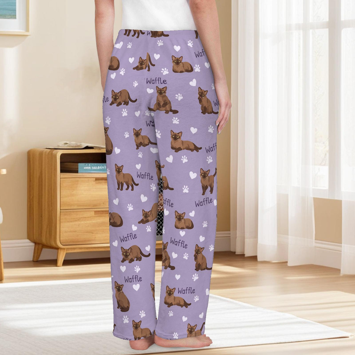 Burmese personalized pet name fleece pajama trousers, back lifestyle view.