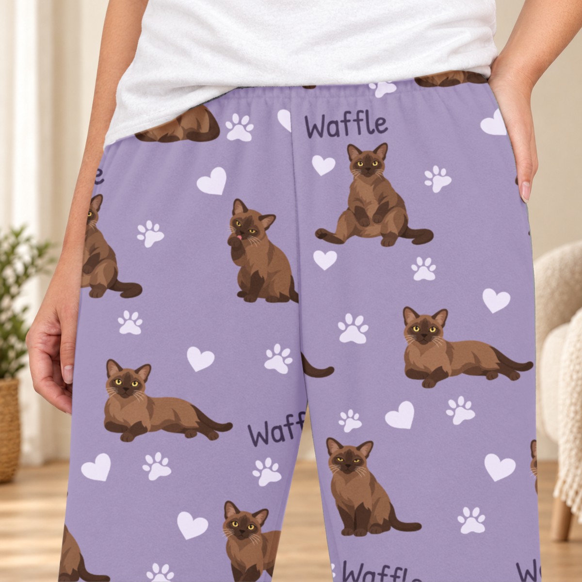 Burmese personalized fleece pajama close-up showing breed artwork and example pet name