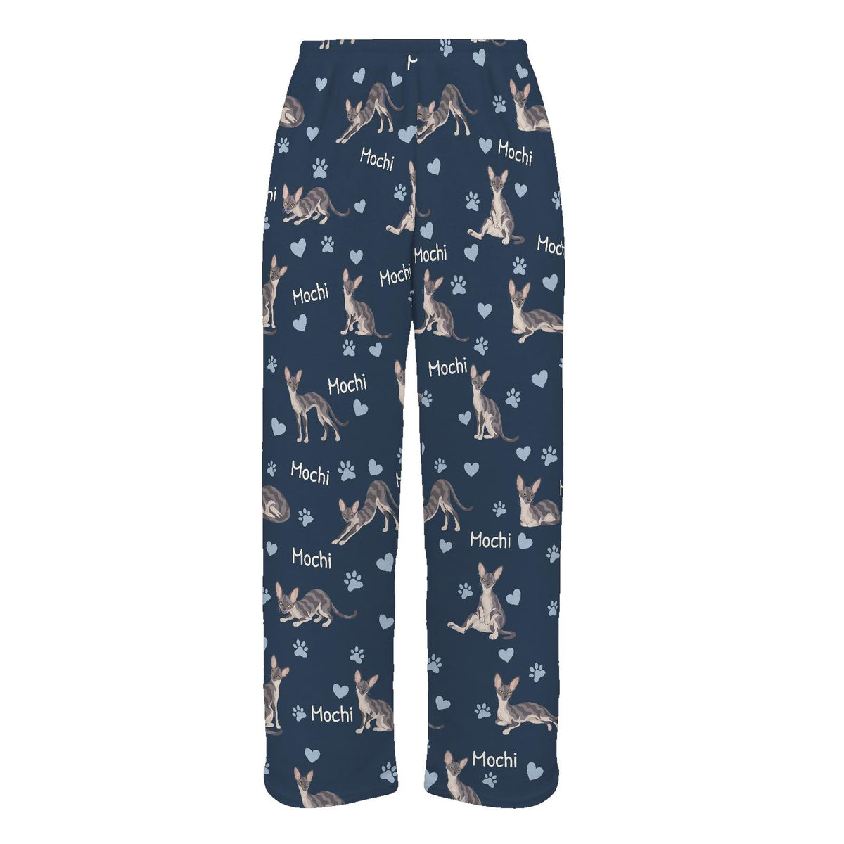Cornish Rex personalized pet name fleece pajama trousers, flat front view.